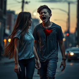 A dramatic scene depicting a young girl walking away from a distressed young boy