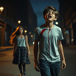 A dramatic scene depicting a young girl walking away from a distressed young boy