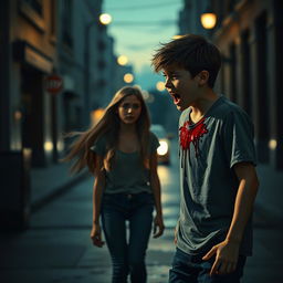 A dramatic scene depicting a young girl walking away from a distressed young boy