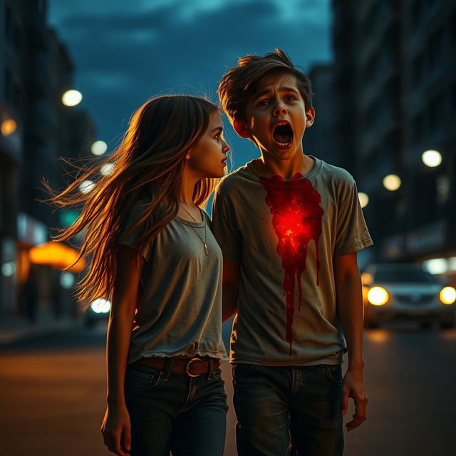 A dramatic scene depicting a young girl walking away from a distressed young boy