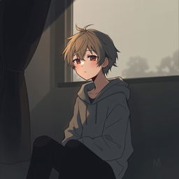 An artistic representation of a character named M, portrayed with an expression of sadness, sitting alone in a dimly lit room