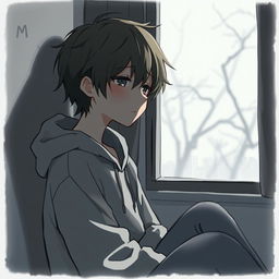An artistic representation of a character named M, portrayed with an expression of sadness, sitting alone in a dimly lit room