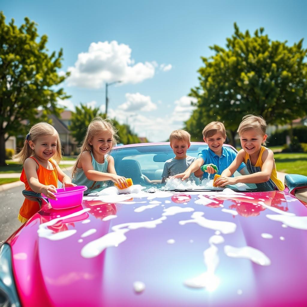 A lively scene of children happily washing a colorful car on a sunny day