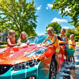 A lively scene of children happily washing a colorful car on a sunny day