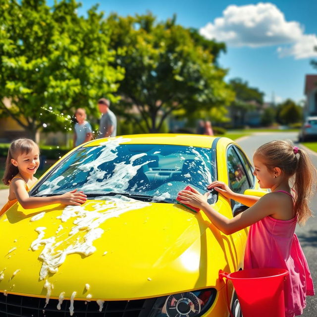 A lively scene of children happily washing a colorful car on a sunny day