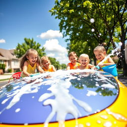 A lively scene of children happily washing a colorful car on a sunny day