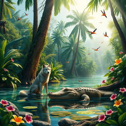 A harmonious scene depicting a wolf and a crocodile coexisting peacefully in a lush, tropical jungle