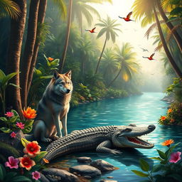 A harmonious scene depicting a wolf and a crocodile coexisting peacefully in a lush, tropical jungle