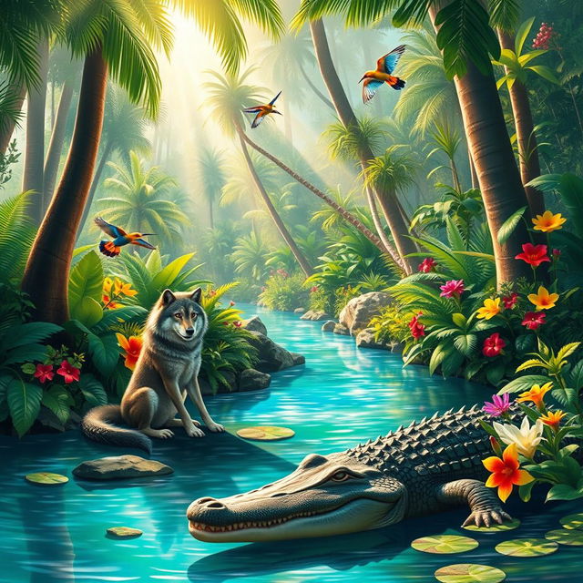 A harmonious scene depicting a wolf and a crocodile coexisting peacefully in a lush, tropical jungle