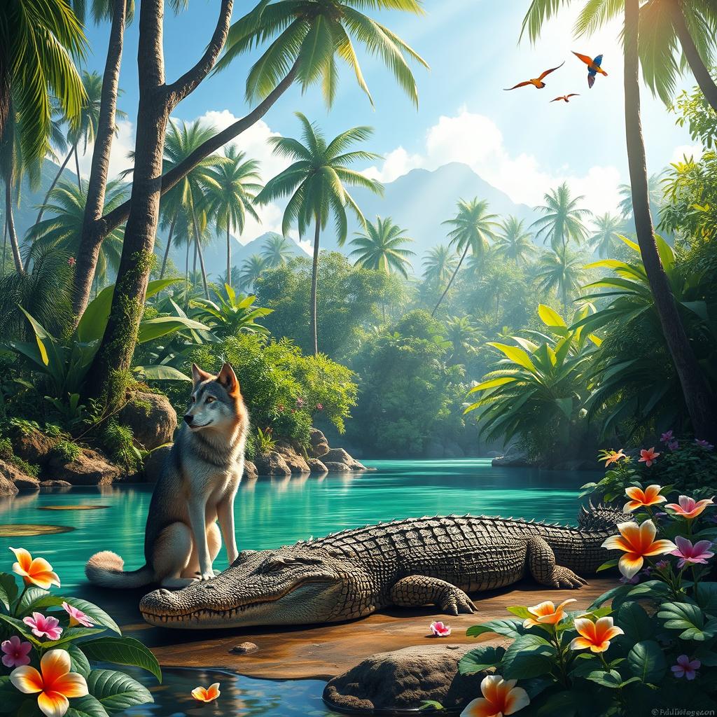 A harmonious scene depicting a wolf and a crocodile coexisting peacefully in a lush, tropical jungle