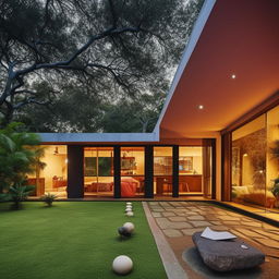 A mid-century modern architecture styled Indian home with vibrant colors, sleek lines, flat surfaces, large glass windows, and integration with nature.