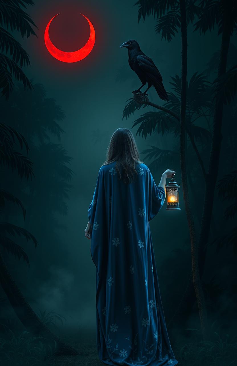A mysterious jungle scene at night illuminated by a red crescent moon