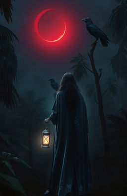 A mysterious jungle scene at night illuminated by a red crescent moon