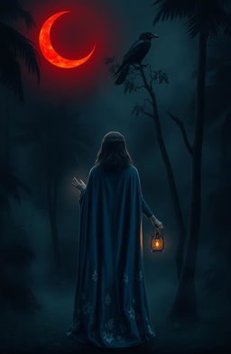 A mysterious jungle scene at night illuminated by a red crescent moon