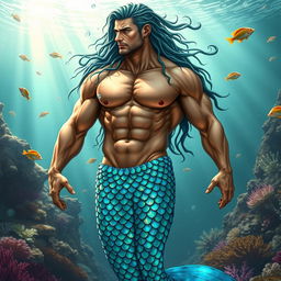 A striking image of a muscular male merman with a shimmering blue-green tail, blending the features of a strong man and an enchanting sea creature