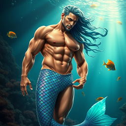 A striking image of a muscular male merman with a shimmering blue-green tail, blending the features of a strong man and an enchanting sea creature