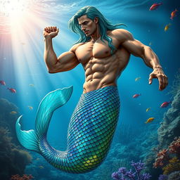 A striking image of a muscular male merman with a shimmering blue-green tail, blending the features of a strong man and an enchanting sea creature