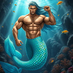 A striking image of a muscular male merman with a shimmering blue-green tail, blending the features of a strong man and an enchanting sea creature
