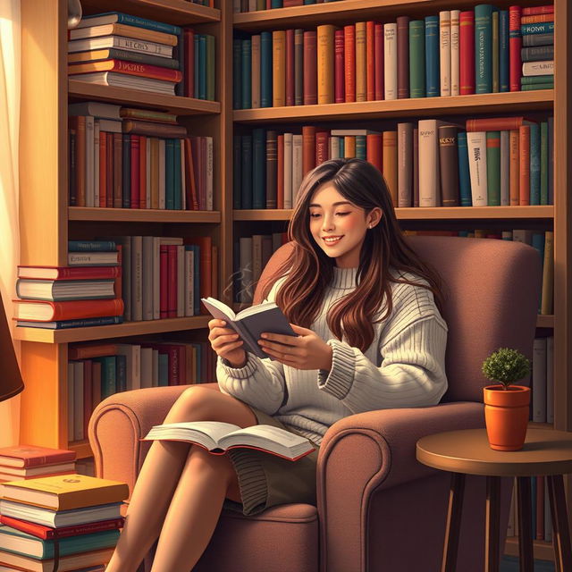 A cozy reading nook depicting a young woman with long flowing hair, sitting comfortably in a plush armchair, surrounded by an array of colorful books on a large bookshelf