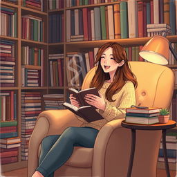 A cozy reading nook depicting a young woman with long flowing hair, sitting comfortably in a plush armchair, surrounded by an array of colorful books on a large bookshelf