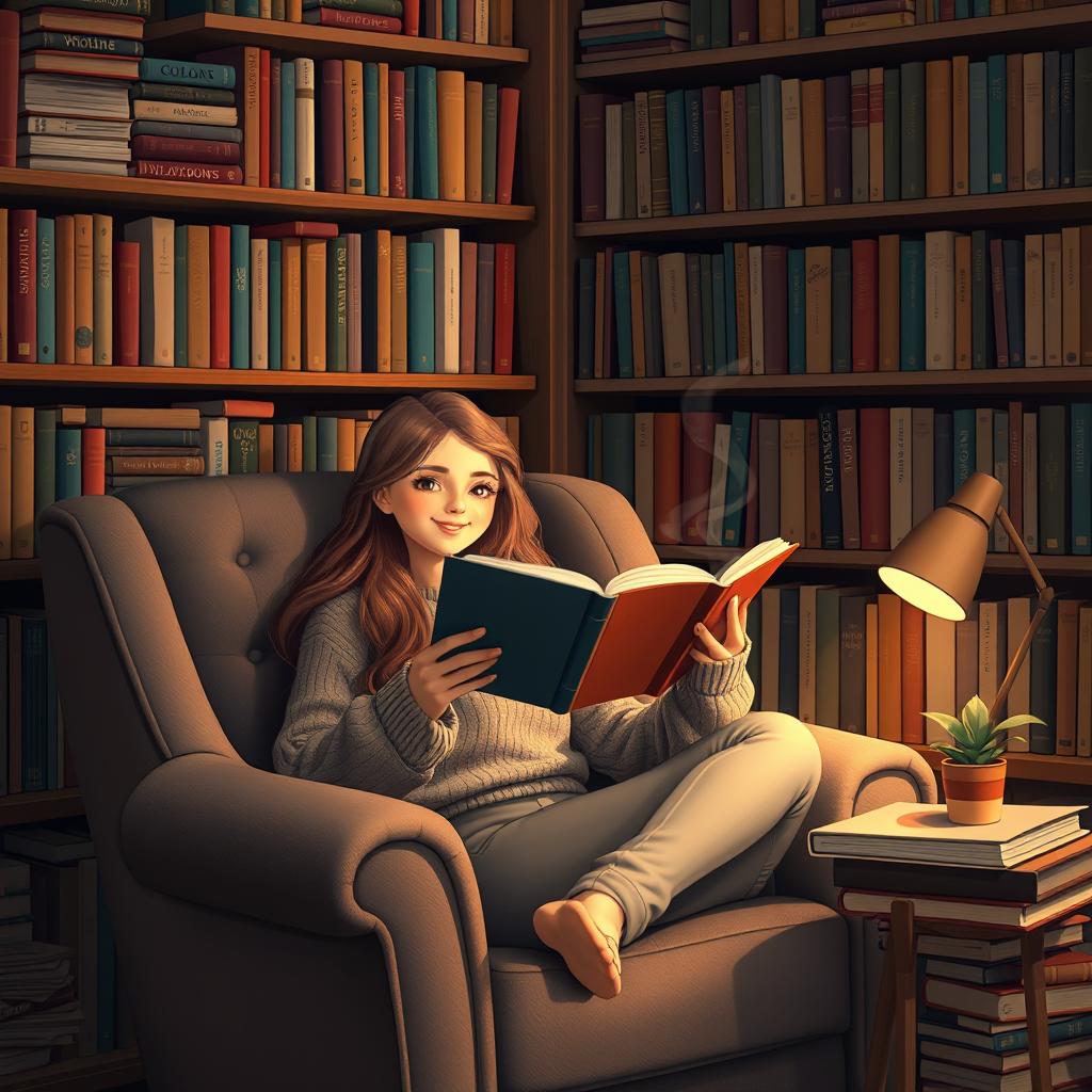 A cozy reading nook depicting a young woman with long flowing hair, sitting comfortably in a plush armchair, surrounded by an array of colorful books on a large bookshelf