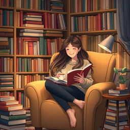 A cozy reading nook depicting a young woman with long flowing hair, sitting comfortably in a plush armchair, surrounded by an array of colorful books on a large bookshelf