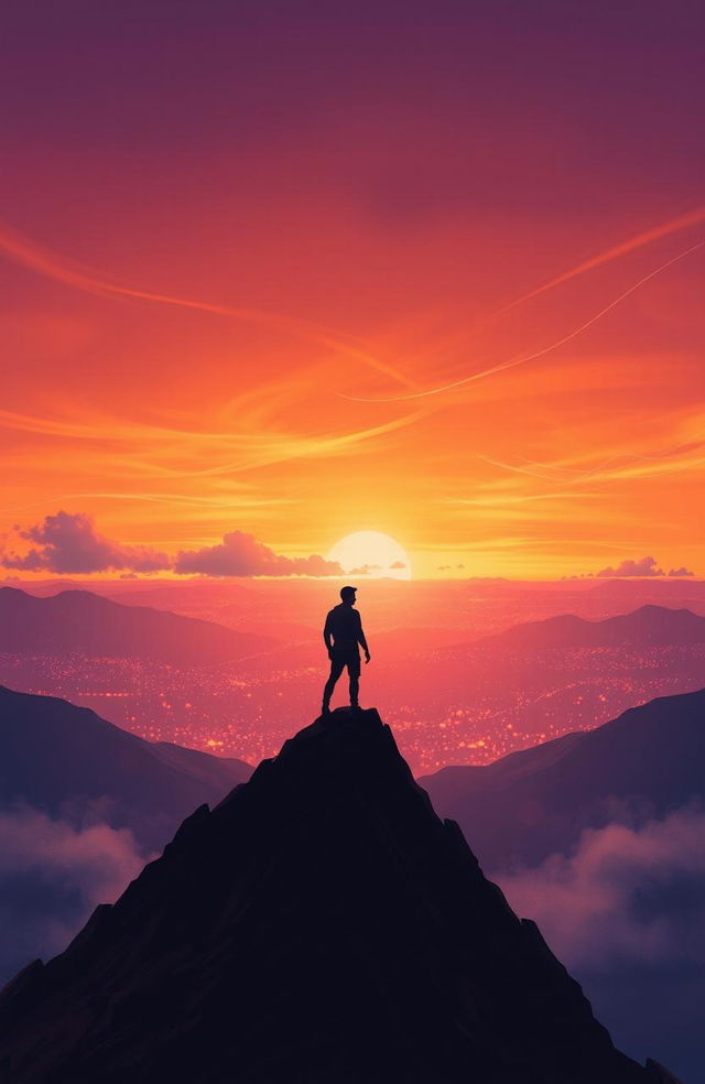 A digital painting depicting the silhouette of a man standing atop a mountain peak, gazing at a vast horizon filled with shimmering lights representing dreams and goals