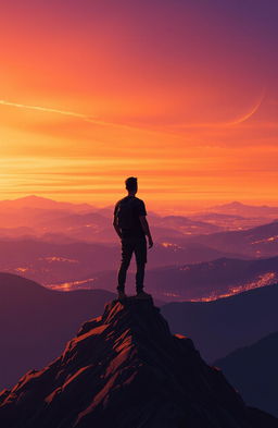 A digital painting depicting the silhouette of a man standing atop a mountain peak, gazing at a vast horizon filled with shimmering lights representing dreams and goals