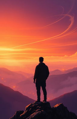 A digital painting depicting the silhouette of a man standing atop a mountain peak, gazing at a vast horizon filled with shimmering lights representing dreams and goals