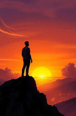 A digital painting depicting the silhouette of a man standing atop a mountain peak, gazing at a vast horizon filled with shimmering lights representing dreams and goals