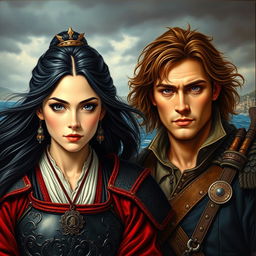 An oil painting of a beautiful couple, featuring a 24-year-old Japanese pirate-samurai woman with flowing black hair and captivating dark hazel eyes, dressed in traditional samurai armor with intricate patterns
