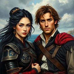 An oil painting of a beautiful couple, featuring a 24-year-old Japanese pirate-samurai woman with flowing black hair and captivating dark hazel eyes, dressed in traditional samurai armor with intricate patterns