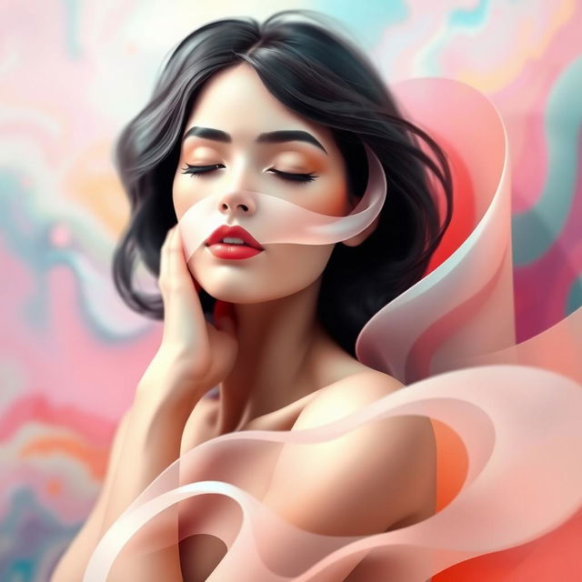 A close-up artistic abstract representation of a female figure with soft flowing shapes, resembling the beauty of femininity, surrounded by a vibrant, colorful background