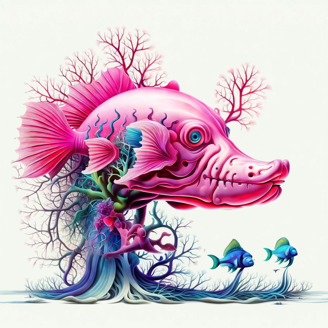 A high-resolution digital art image depicting an anatomically accurate hippocampus surrounded by a school of stylized fish