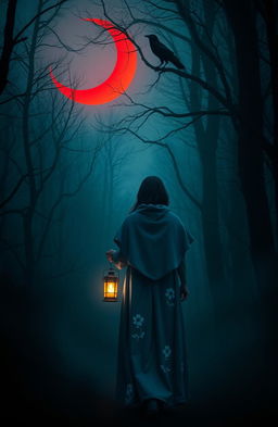 A mysterious scene in a dark, misty forest illuminated by a red crescent moon