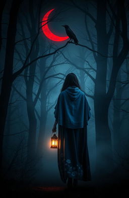 A mysterious scene in a dark, misty forest illuminated by a red crescent moon