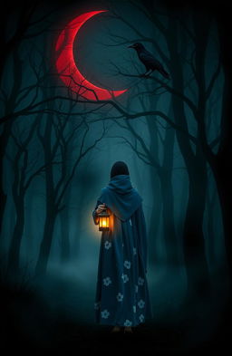 A mysterious scene in a dark, misty forest illuminated by a red crescent moon
