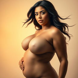 A stunning, artistic portrait of a confident woman with voluptuous curves, emphasizing her natural beauty and femininity, set against a soft, dreamy background