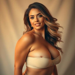 A stunning, artistic portrait of a confident woman with voluptuous curves, emphasizing her natural beauty and femininity, set against a soft, dreamy background