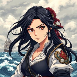 An illustration of a 24-year-old Japanese pirate-samurai woman, showcasing her strong, determined expression