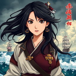 An illustration of a 24-year-old Japanese pirate-samurai woman, showcasing her strong, determined expression