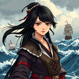 An illustration of a 24-year-old Japanese pirate-samurai woman, showcasing her strong, determined expression
