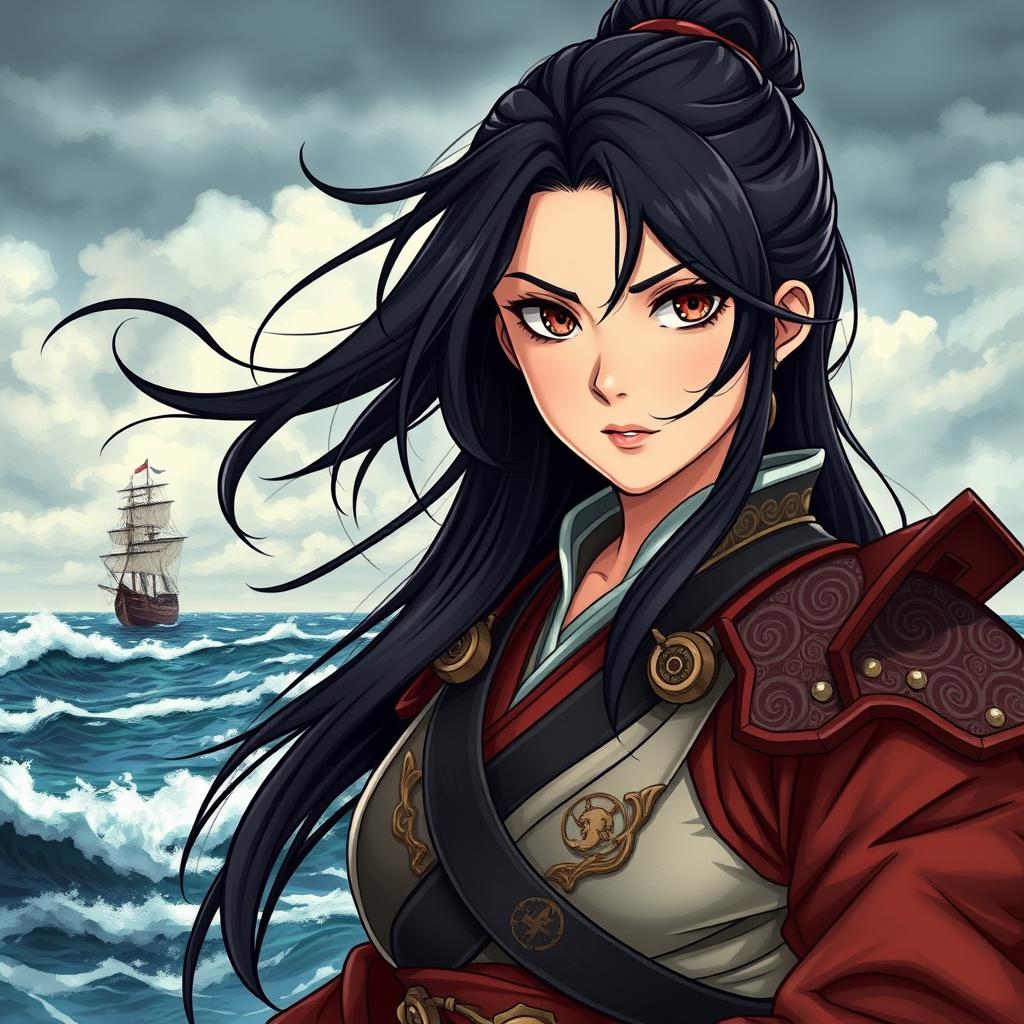 An illustration of a 24-year-old Japanese pirate-samurai woman, showcasing her strong, determined expression