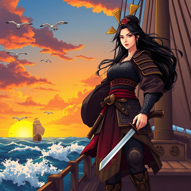 An illustration of an Asian woman samurai standing confidently on the deck of a pirate ship