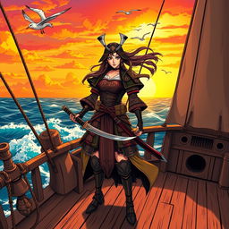 An illustration of an Asian woman samurai standing confidently on the deck of a pirate ship