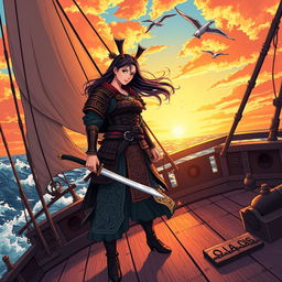 An illustration of an Asian woman samurai standing confidently on the deck of a pirate ship