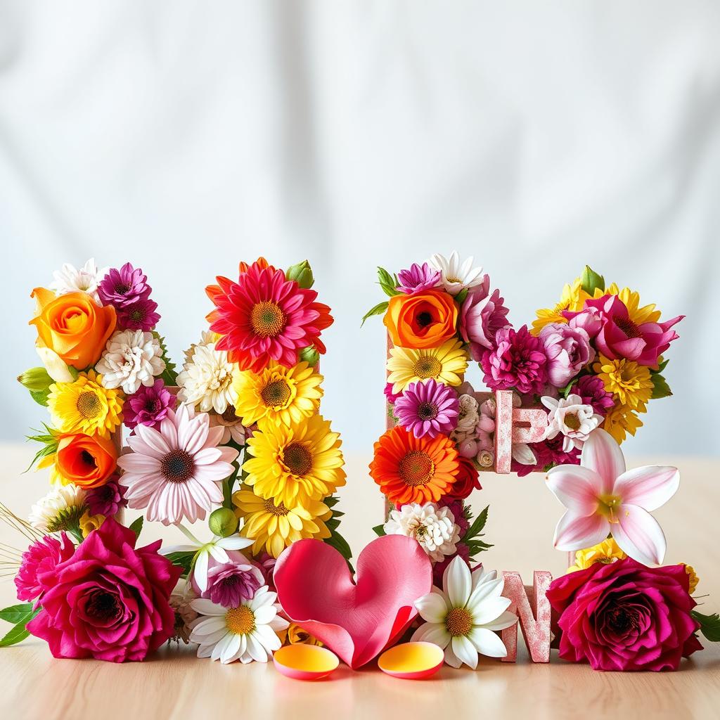 A beautiful arrangement featuring the letters 'M' and 'P' crafted from vibrant natural flowers, elegantly intertwined with delicate hearts made of petals