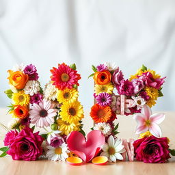 A beautiful arrangement featuring the letters 'M' and 'P' crafted from vibrant natural flowers, elegantly intertwined with delicate hearts made of petals