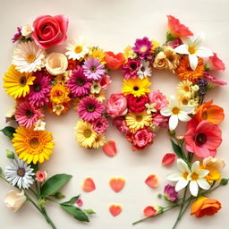 A beautiful arrangement featuring the letters 'M' and 'P' crafted from vibrant natural flowers, elegantly intertwined with delicate hearts made of petals