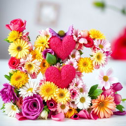 A beautiful arrangement featuring the letters 'M' and 'P' crafted from vibrant natural flowers, elegantly intertwined with delicate hearts made of petals